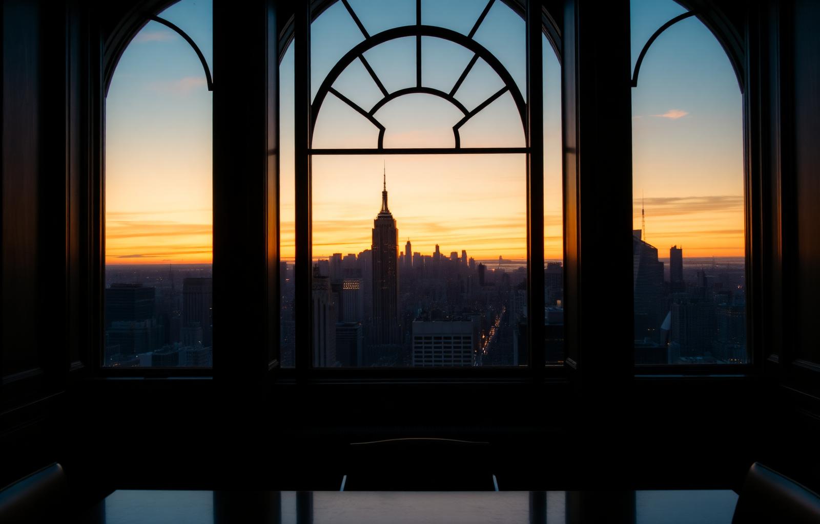 Manhattan skyline at dusk through arched windows